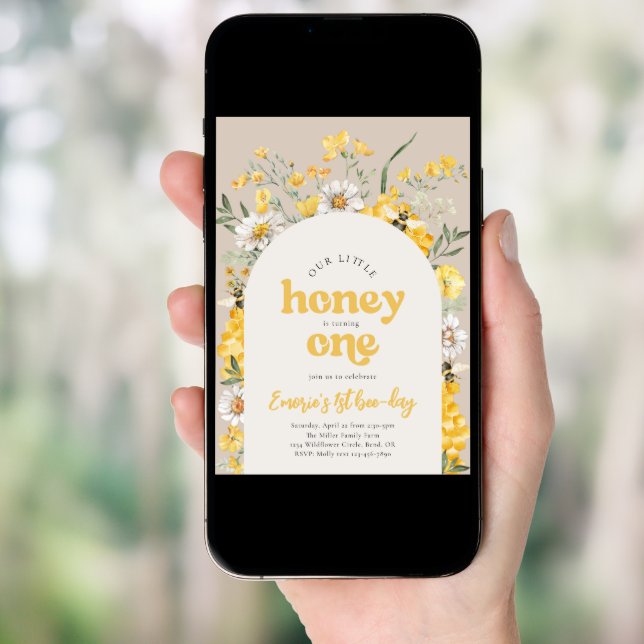 Yellow Wildflower Bee First Birthday Invitation (Front Digital)