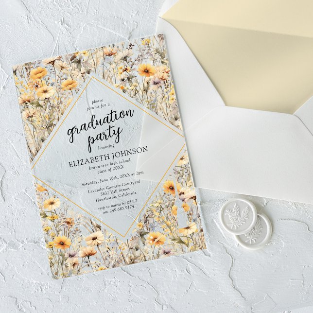 Yellow Wildflower Boho Graduation Party Acrylic Invitations (Creator Uploaded)