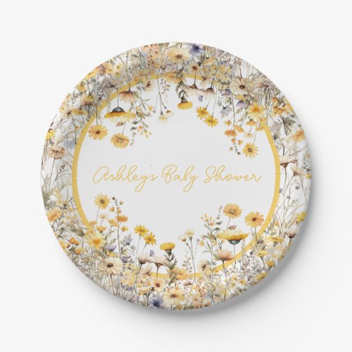 Yellow Wildflower Boho Personalized Baby Shower Paper Plates