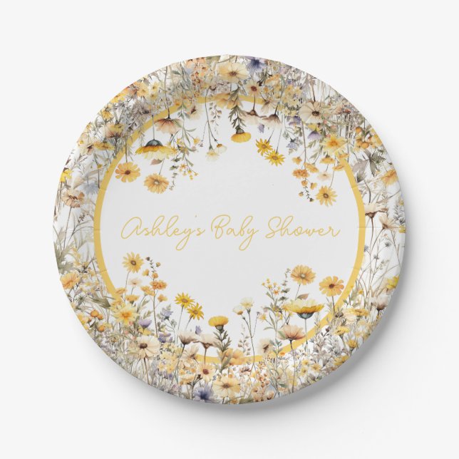 Yellow Wildflower Boho Personalized Baby Shower Paper Plates (Front)