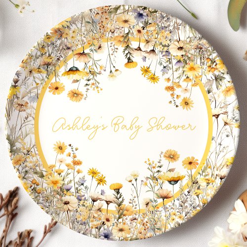 Yellow Wildflower Boho Personalized Baby Shower Paper Plates