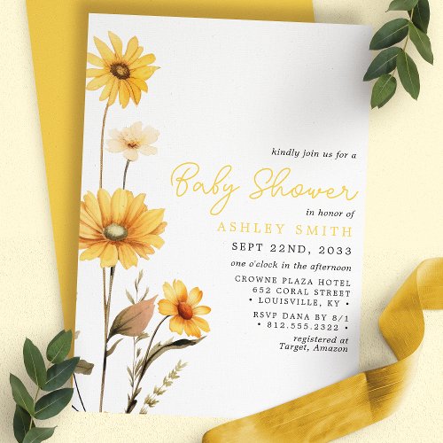 Yellow Wildflower Boho Watercolor Baby Shower Invitation