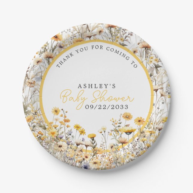 Yellow Wildflower Boho Watercolor Baby Shower Paper Plates (Front)