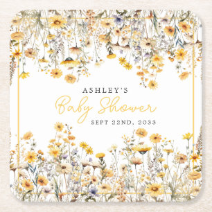 Yellow Wildflower Boho Watercolor Baby Shower Square Paper Coaster
