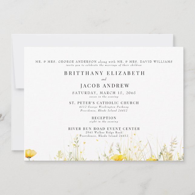 Yellow Wildflower Both Parents 2 Venue Wedding  Invitation (Front)
