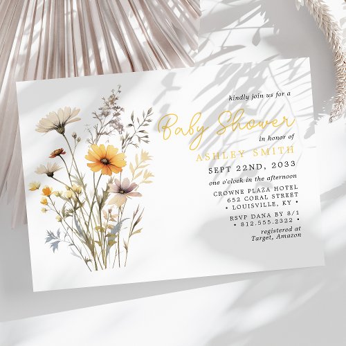 Yellow Wildflower Bouquet Boho Baby Shower Invitation