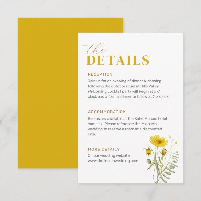 Yellow Wildflower Bouquet Meadow Flowers Wedding  Enclosure Card (Front/Back)