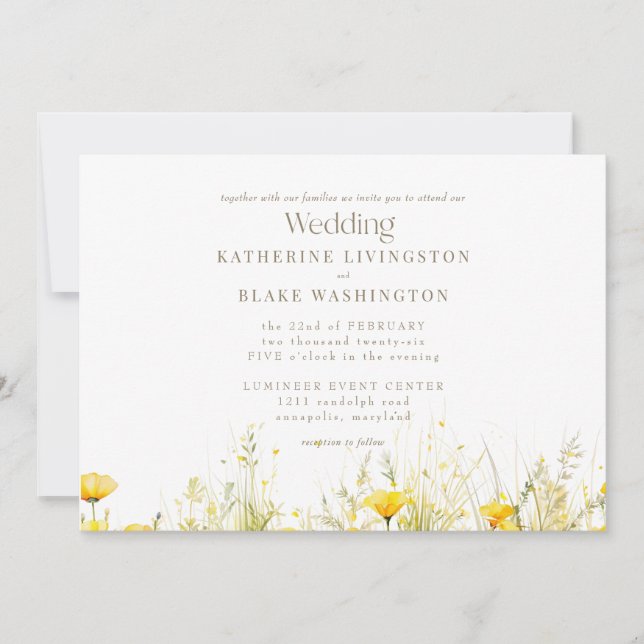 Yellow Wildflower Colorful Gold Text Wedding  Invitation (Front)