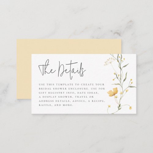 Yellow Wildflower Elegant Boho Bridal Shower Enclosure Card