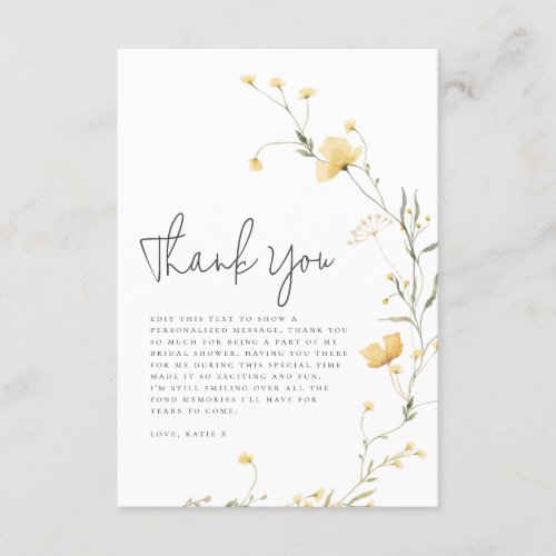 Yellow Wildflower Elegant Boho Bridal Shower Thank You Card