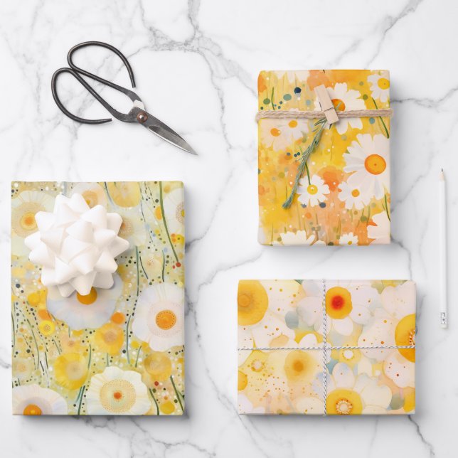 Yellow Wildflower Floral Patterns Happy Fun Wrapping Paper Sheets (Front)