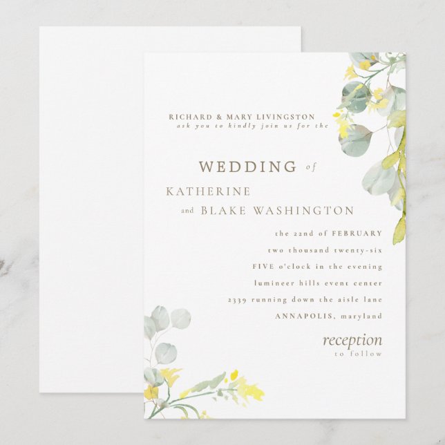 Yellow Wildflower Gold Text Eucalyptus Wedding Invitation (Front/Back)