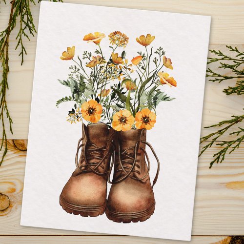 Yellow Wildflower Hiking Boots Outdoor Postcard