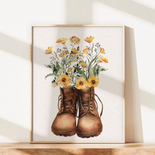 Yellow Wildflower Hiking Boots Outdoor  Poster