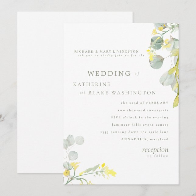 Yellow Wildflower & Sage Eucalyptus Wedding Invitation (Front/Back)