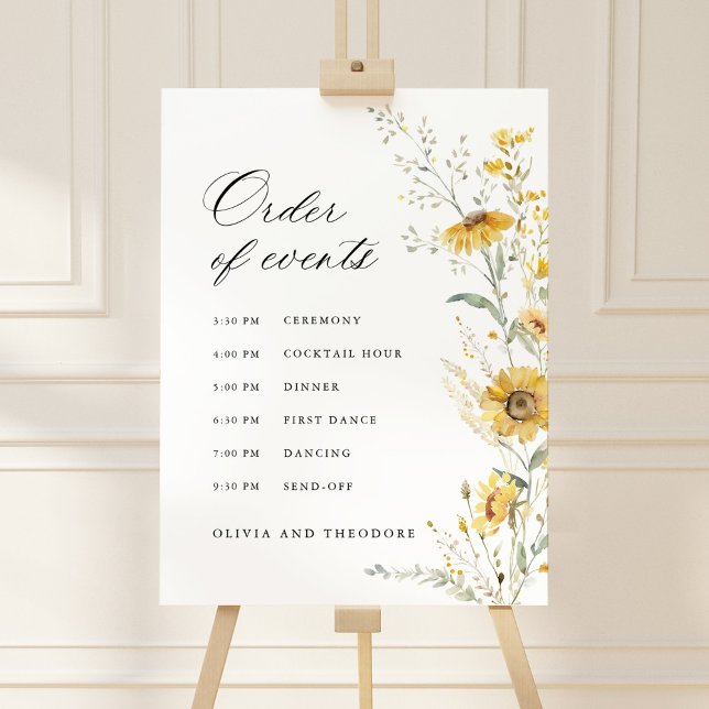 Yellow Wildflower Sunflower Order of Events Sign (Yellow wildflower sunflower wedding order of events sign timeline signage floral wedding sign decor)