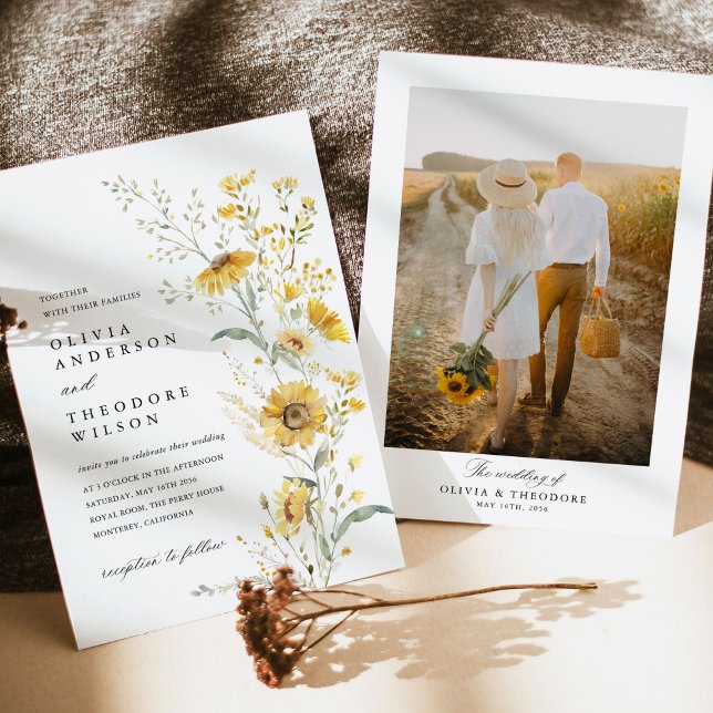 Yellow Wildflower Sunflower Photo Wedding Invitation (Yellow sunflower wildflower photo wedding invitation watercolor floral rustic garden wedding)