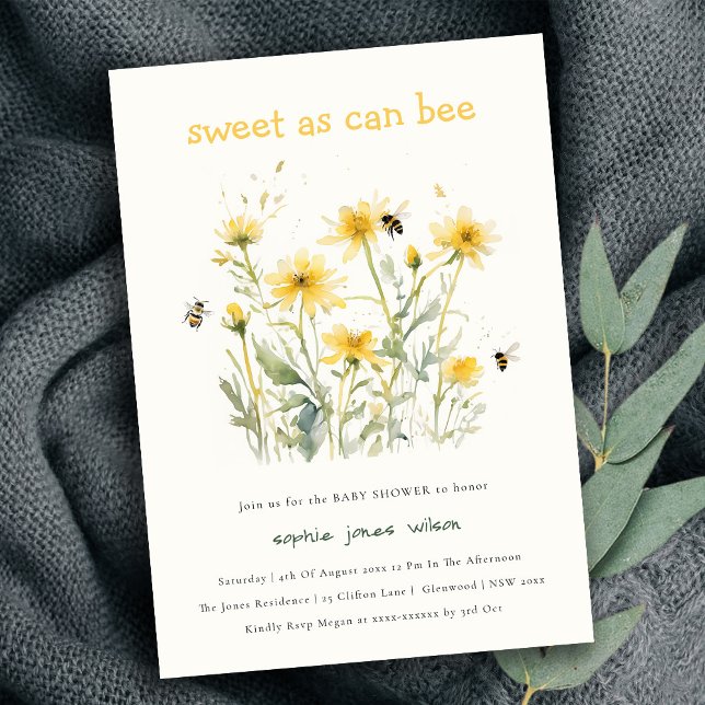 Yellow Wildflower Sweet As Can Bee Baby Shower Invitation (Creator Uploaded)