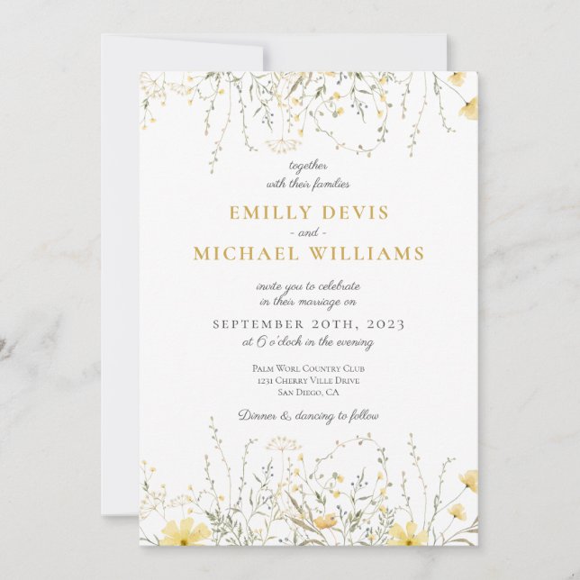 Yellow Wildflower Watercolor Wedding Invitation (Front)
