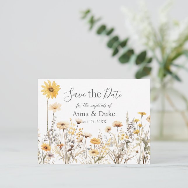 Yellow Wildflower Wedding Save the Date Postcard (Standing Front)