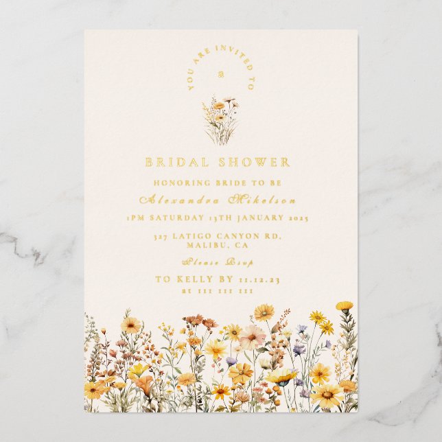 Yellow Wildflowers and Daisies Bridal Shower Foil Invitation (Front)