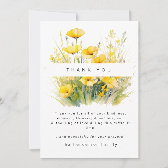 Yellow Wildflowers Bereavement Funeral Thank You (Front)