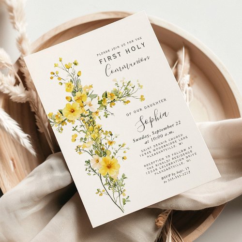 Yellow Wildflowers Floral Cross First Communion Invitation