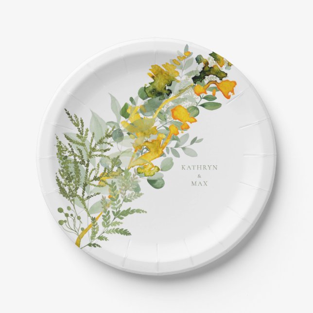 Yellow Wildflowers Foliage Couple Names Wedding Paper Plates (Front)