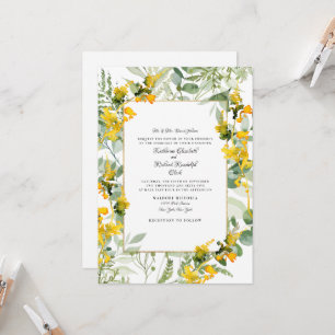 Yellow Wildflowers Foliage White Wedding Invitation
