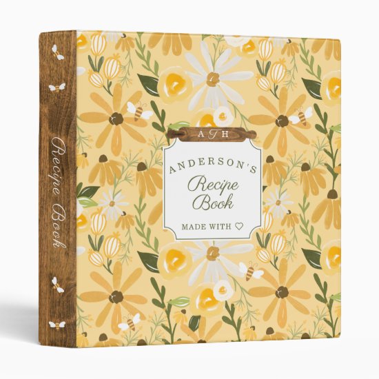 Yellow Wildflowers Honey Bees & Rustic Woodgrain 3 Ring Binder