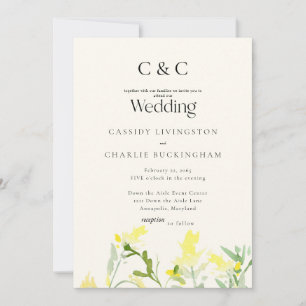 Yellow Wildflowers Monogram Cream Wedding Invitation