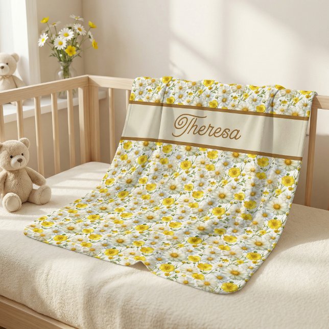 Yellow Wildflowers Pattern Monogram Name Baby Blanket (Creator Uploaded)