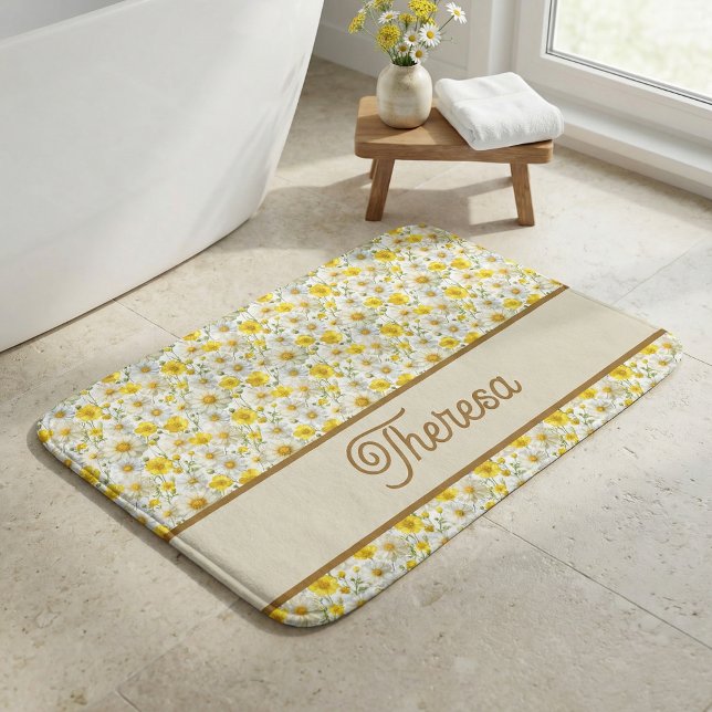 Yellow Wildflowers Pattern Monogram Name Bath Mat (Creator Uploaded)