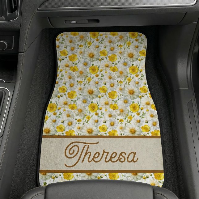 Yellow Wildflowers Pattern Monogram Name Car Floor Mat (Creator Uploaded)