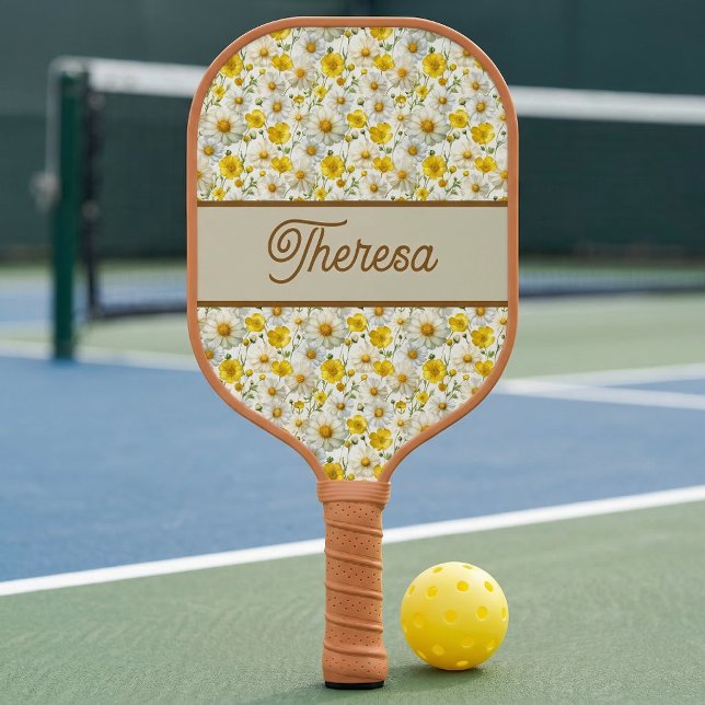 Yellow Wildflowers Pattern Monogram Name Carbon Fiber Pickleball Paddle (Creator Uploaded)