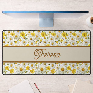 Yellow Wildflowers Pattern Monogram Name Desk Mat