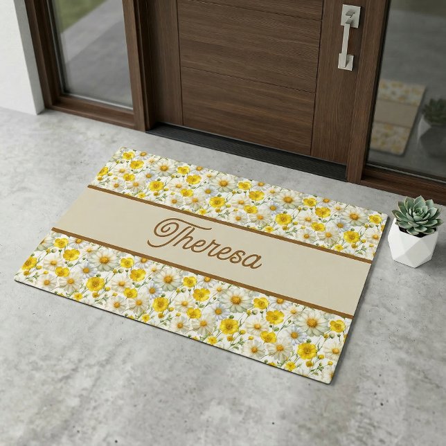 Yellow Wildflowers Pattern Monogram Name Doormat (Creator Uploaded)
