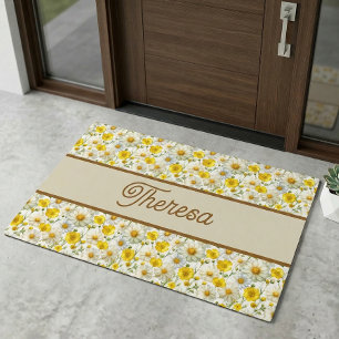 Yellow Wildflowers Pattern Monogram Name Doormat