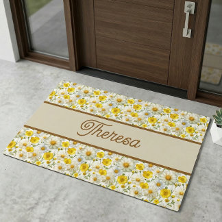 Yellow Wildflowers Pattern Monogram Name Doormat