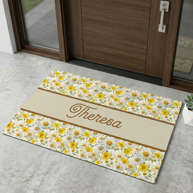 Yellow Wildflowers Pattern Monogram Name Doormat (Creator Uploaded)