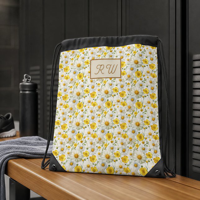 Yellow Wildflowers Pattern Monogram Name Drawstring Bag (Creator Uploaded)