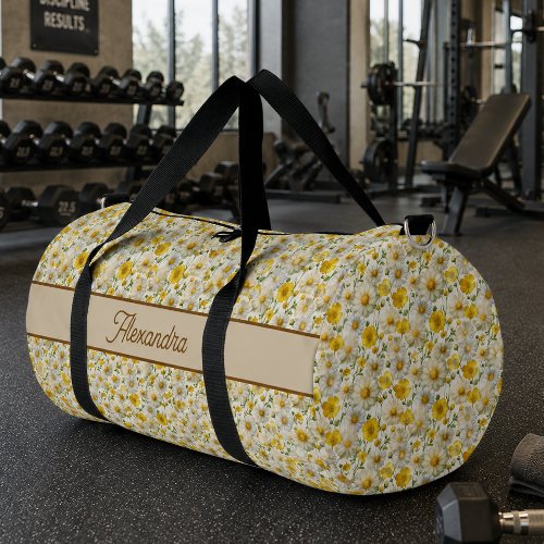 Yellow Wildflowers Pattern Monogram Name Duffle Bag