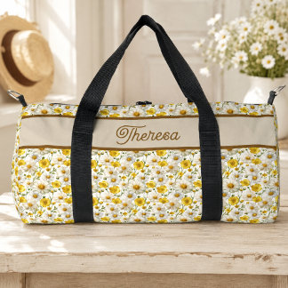 Yellow Wildflowers Pattern Monogram Name Duffle Bag