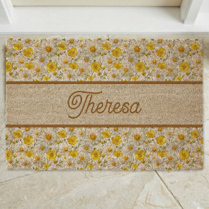 Yellow Wildflowers Pattern Monogram Name Fiber Doormat