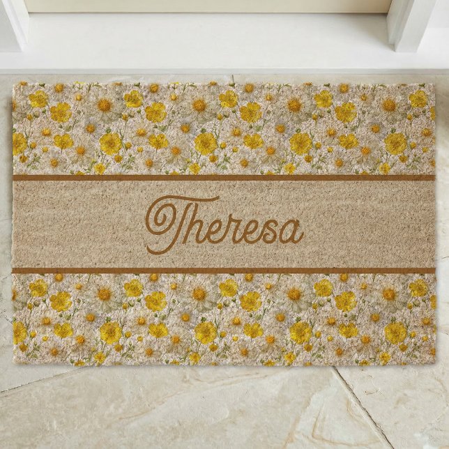 Yellow Wildflowers Pattern Monogram Name Fiber Doormat (Creator Uploaded)