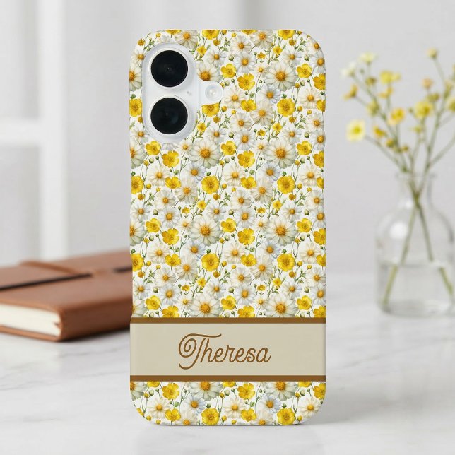 Yellow Wildflowers Pattern Monogram Name iPhone Case (Creator Uploaded)