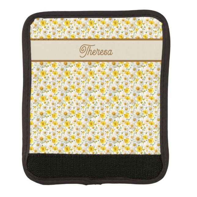 Yellow Wildflowers Pattern Monogram Name Luggage Handle Wrap (Front)