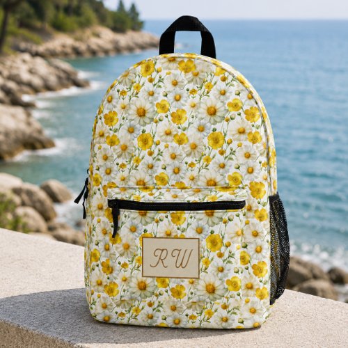 Yellow Wildflowers Pattern Monogram Name Printed Backpack