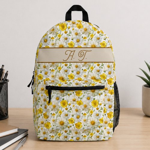 Yellow Wildflowers Pattern Monogram Name Printed Backpack