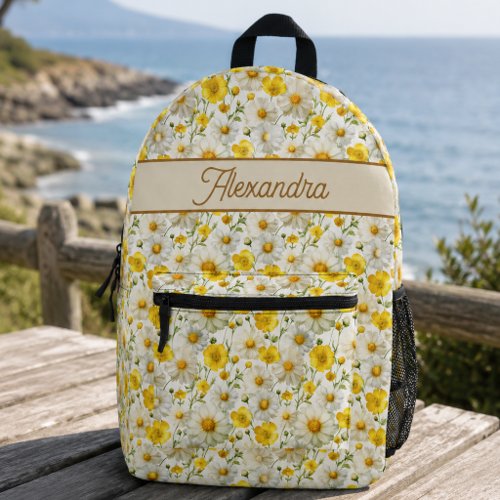 Yellow Wildflowers Pattern Monogram Name Printed Backpack